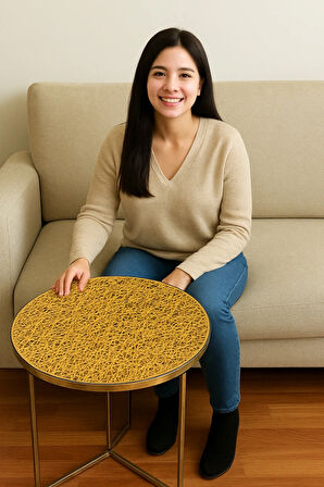 Çeyizlik Lüks Hasır PVC Yuvarlak Orta Salon Sehpa Örtüsü – Silinebilir, Dantel Desenli Masa Örtüsü