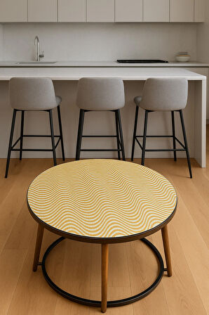 Çeyizlik Gold Yuvarlak Orta Sehpa Örtüsü – Paralel Çizgili, Dantelli, PVC