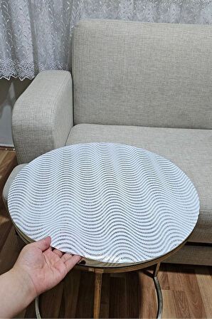 Dekoratif Yuvarlak Beyaz Sehpa Masa Örtüsü – PVC, Dantel Desen, Paralel Çizgili