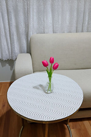 Çeyizlik Krem Bej Yuvarlak Sehpa Masa Örtüsü – Dantelli, Paralel Çizgili, PVC