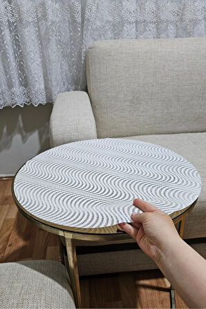 Çeyizlik Krem Bej Yuvarlak Sehpa Masa Örtüsü – Dantelli, Paralel Çizgili, PVC