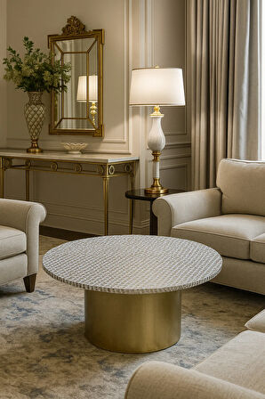 Gümüş Gri Yuvarlak Orta Sehpa Masa Örtüsü – PVC, Silinebilir, Dantel Desen