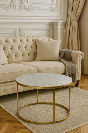 Gümüş Gri Yuvarlak Orta Sehpa Masa Örtüsü – PVC, Silinebilir, Dantel Desen