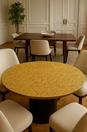 Çeyizlik Lüks Hasır PVC Yuvarlak Orta Salon Sehpa Örtüsü – Silinebilir, Dantel Desenli Masa Örtüsü