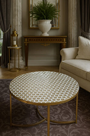 Yuvarlak Krem PVC Şeffaf Petek Dantel Desenli Orta Sehpa Örtüsü – Çeyizlik & Dekoratif