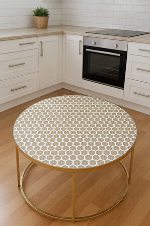 Yuvarlak Krem PVC Şeffaf Petek Dantel Desenli Orta Sehpa Örtüsü – Çeyizlik & Dekoratif