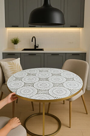 Yuvarlak Orta Sehpa Masa Örtüsü – Hasır Lüks PVC Silinebilir, Çiçek Desenli, Şeffaf