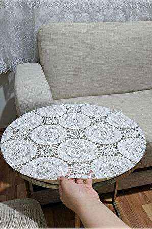 Yuvarlak Orta Sehpa Masa Örtüsü – Hasır Lüks PVC Silinebilir, Çiçek Desenli, Şeffaf