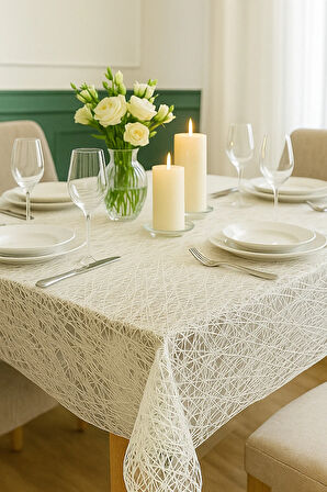 Silinebilir Su Geçirmez Hasır Lüx PVC Kaplamalı Masa Örtüsü – Şeffaf, Beyaz Bej Muşamba