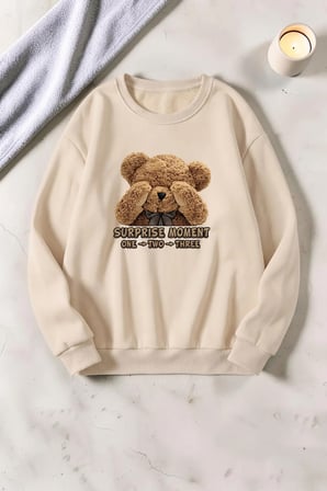 Unisex Surprıse Ayı Baskılı Bisiklet Yaka Sweatshirt