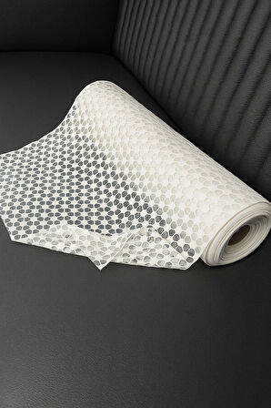 Şeffaf Kaymaz PVC Raf Örtüsü – Krem Dantel Desen, Buzdolabı & Dolap İçi