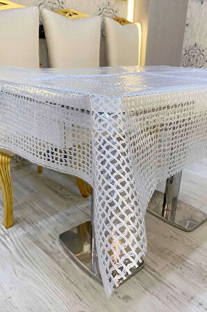 Hasır Desen Şeffaf PVC Kaplamalı Silinebilir Su Geçirmez Masa Örtüsü – Gümüş Gri