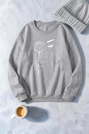 Unisex Gül & Silüet Baskılı Bisiklet Yaka Sweatshirt