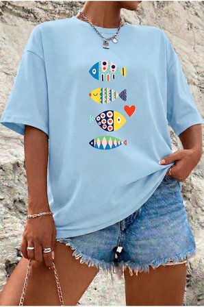 Unisex Renkli Balıklar Baskılı Bej Tişört Baskılı Tasarım Tshirt