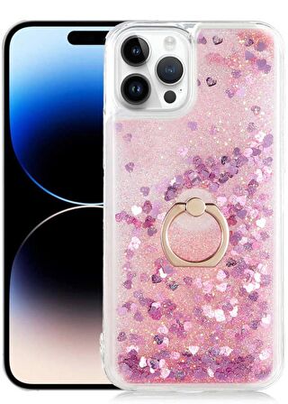 Apple iPhone 14 Pro Kılıf Sıvılı Simli Pullu Yüzüklü Standlı Lüx Silikon 