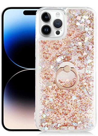 Apple iPhone 14 Pro Kılıf Sıvılı Simli Pullu Yüzüklü Standlı Lüx Silikon 
