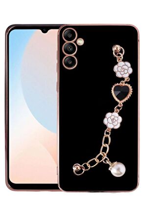 Galaxy A24 Kılıf Kalpli Çiçekli Bileklik Zincirli Kamera Korumalı Kenarları Gold Renk, Silikon