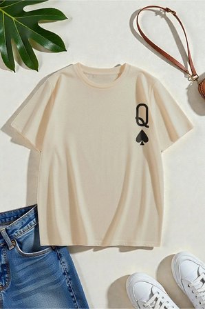 Unisex Q Maça Kızı Baskılı Tasarım Tshirt