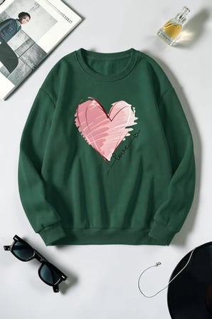 Unisex Kalp Baskılı Bisiklet Yaka Sweatshirt
