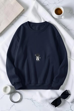 Unisex Astronot Baskılı Bisiklet Yaka Sweatshirt