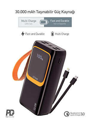 30.000 Mah Powerbank Pd Hızlı Şarj Type C Kablolu Fenerli 20000 Powerbank
