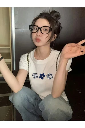 Unisex Ekose Desenli Çiçek Baskılı Tasarım Tshirt