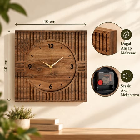 Kare Ahşap Duvar Saati 40x40 cm – Sessiz Akar Mekanizmalı Dekoratif Modern Duvar Saati