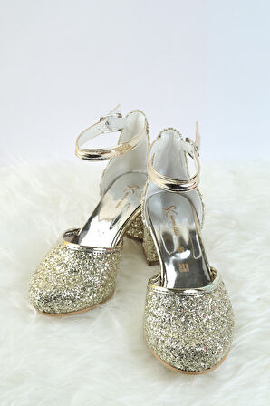 Topuklu Kız Çocuk Ayakkabısı Düğün Ayakkabısı Kız Çocuk Abiye Ayakkabı Fiyonk ve Sim Detaylı Abiye
