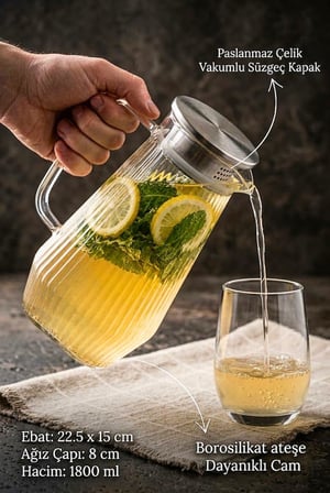 Ateşe Dayanıklı Borosilikat Çizgili Cam Sürahi 1800 ml - Paslanmaz Çelik Süzgeç Kapaklı Bitki Çayı Ve Su Sürahisi