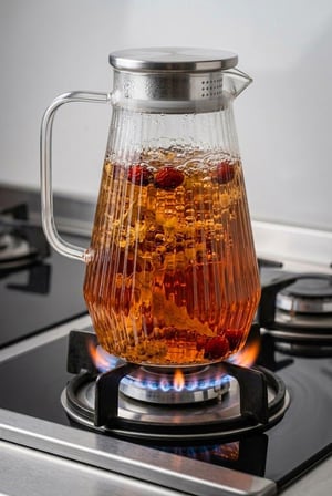 Ateşe Dayanıklı Borosilikat Çizgili Cam Sürahi 1800 ml - Paslanmaz Çelik Süzgeç Kapaklı Bitki Çayı Ve Su Sürahisi