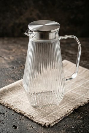 Ateşe Dayanıklı Borosilikat Çizgili Cam Sürahi 1800 ml - Paslanmaz Çelik Süzgeç Kapaklı Bitki Çayı Ve Su Sürahisi