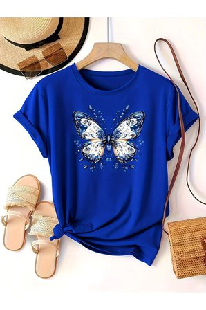 Unisex Desenli Kelebek Baskılı Tasarım Tshirt