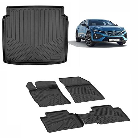 Sahler Sahler Peugeot 408 2023 Sonrası 4.5D Paspas  ve Rizline 3D Bagaj Havuzu Siyah