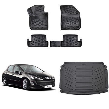 Peugeot 308  2008-2013 3D Havuzlu Paspas Siyah ve Bagaj Havuzu Siyah