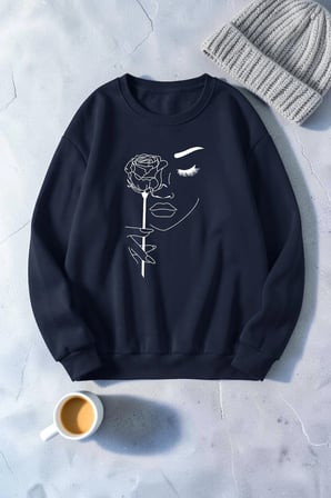 Unisex Gül & Silüet Baskılı Bisiklet Yaka Sweatshirt