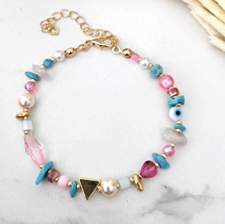 Kadın Renkli Nazar Boncuklu Üçgen Aparatlı Tasarım Bileklik