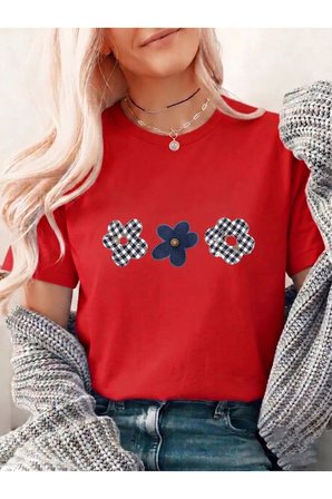 Unisex Ekose Desenli Çiçek Baskılı Tasarım Tshirt