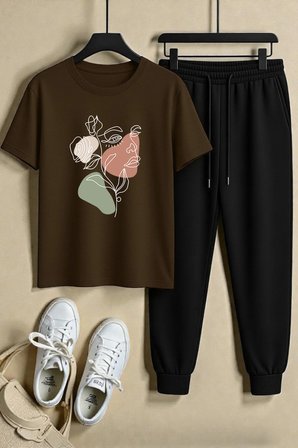 Unisex Portrait & Flower Baskılı Tasarım Tshirt - 2'li Eşofman Takımı