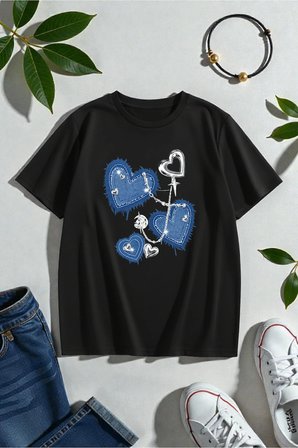 Unisex Kalp Baskılı Tasarım Tshirt