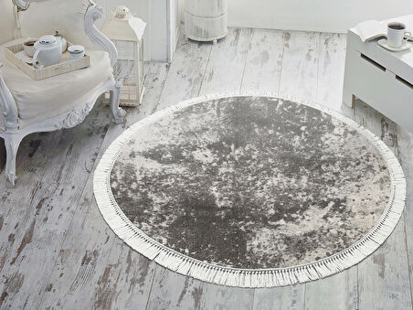 Dekoreko İnci Halı Dijital Saçaklı Yuvarlak 1898