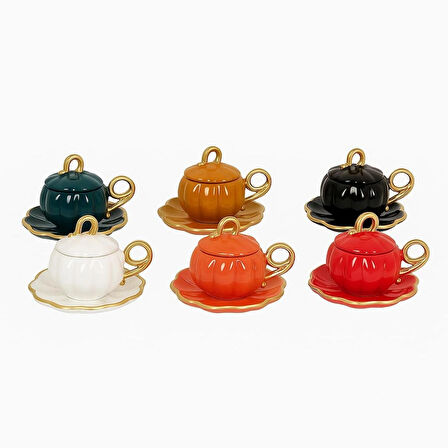 Dekorasyaa 6'lı Renkli Balkabağı Kahve Fincan Takımı Kapaklı 18 Parça