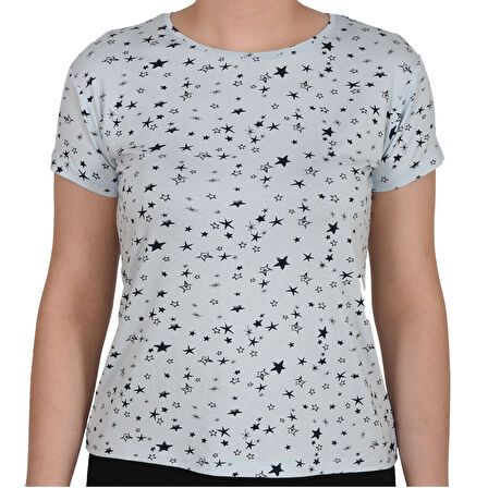 ASM0132 Bayan Mavi Yıldız Baskılı Kısa Kol T-Shirt