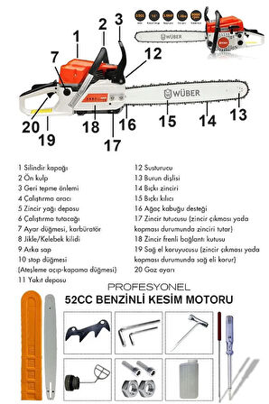 Germany ProX Benzinli Zincirli Ağaç Odun Dal Kesme Motorlu Testere Hızar Turuncu Beyaz 8500 Rpm