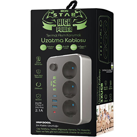 IRONSTAR 2Mt 3xUsb Akım Korumalı 3 Soketli Priz