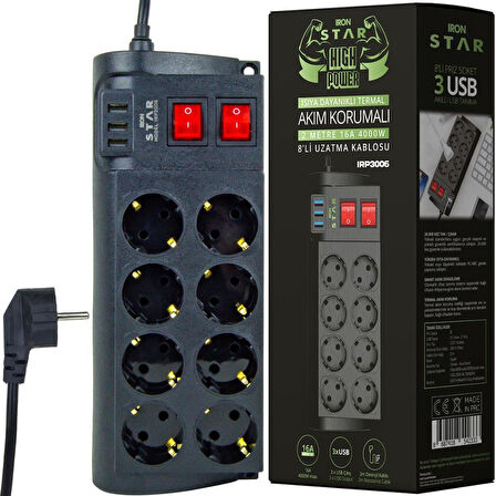 IRONSTAR 2Mt 3xUSB 8li Termal Akım Korumalı Priz 16A 4000W