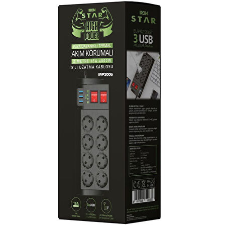 IRONSTAR 2Mt 3xUSB 8li Termal Akım Korumalı Priz 16A 4000W