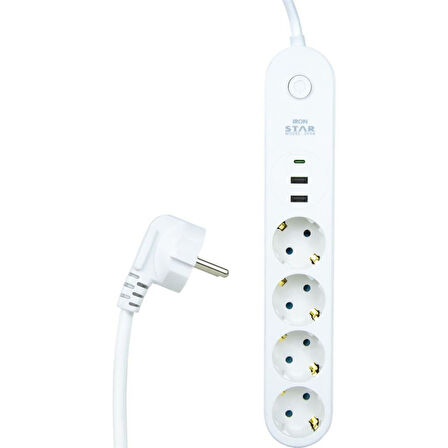 IRONSTAR 2Mt 2xUsb 1xType-C Akım Korumalı 4 Soketli Beyaz Priz