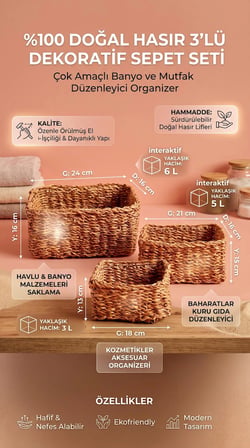  Hasır 3'Lü Dekoratif Sepet Seti - Çok Amaçlı Banyo Ve Mutfak Düzenleyici Organizer