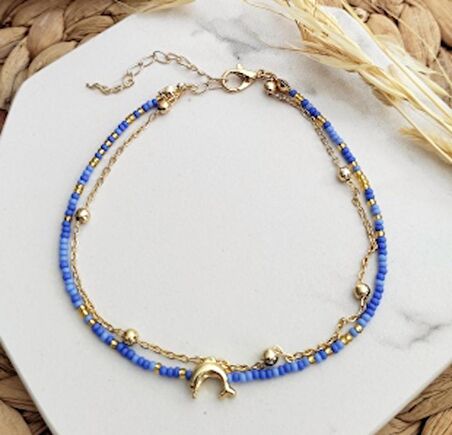 Mavi Boncuklu Gold Renkli Yunus Sallantılı Halhal