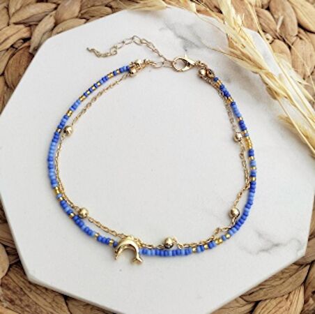 Mavi Boncuklu Gold Renkli Yunus Sallantılı Halhal